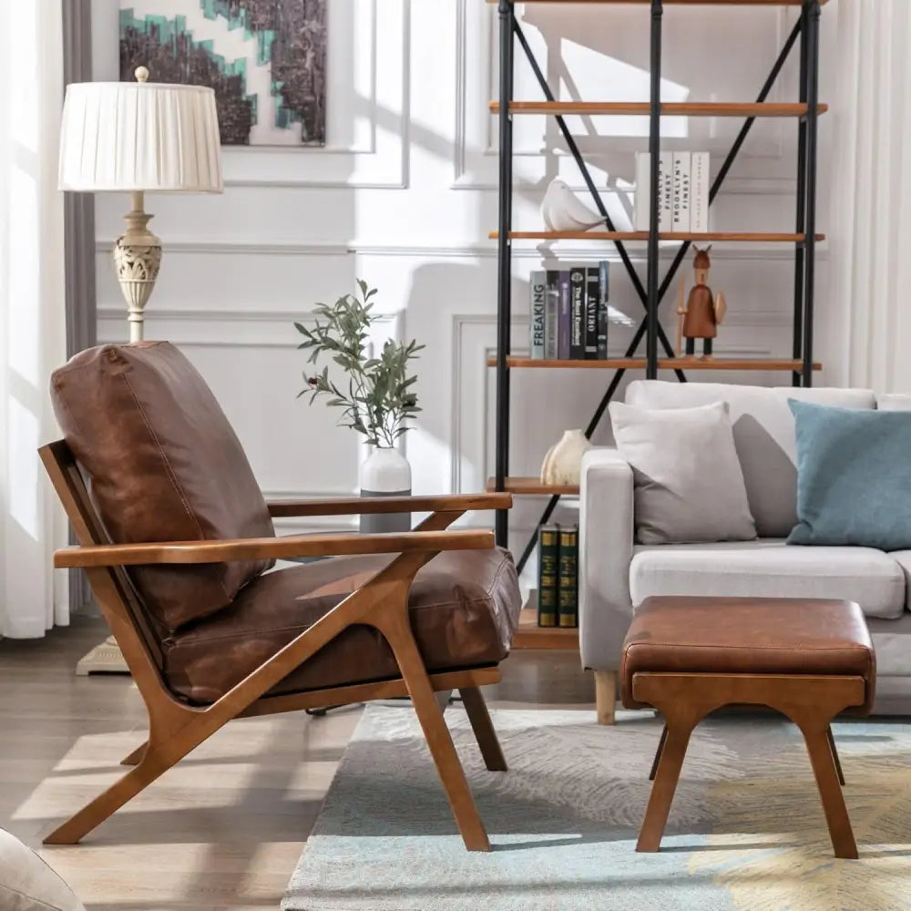 Modern Brown Leather Accent Chair with Wooden Frame and Removable Cushions and Ottoman