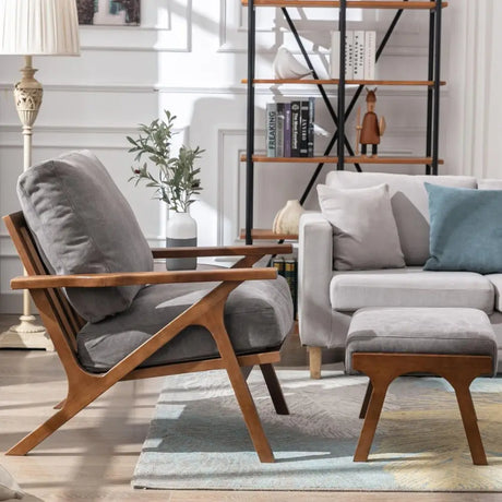 Modern Brown Leather Accent Chair with Wooden Frame and Removable Cushions