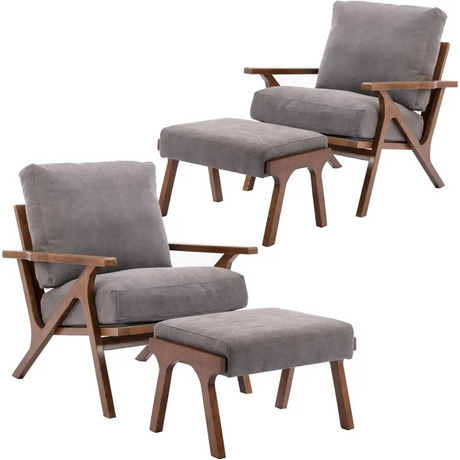 Two mid-century modern accent chairs with removable cushions in gray upholstery