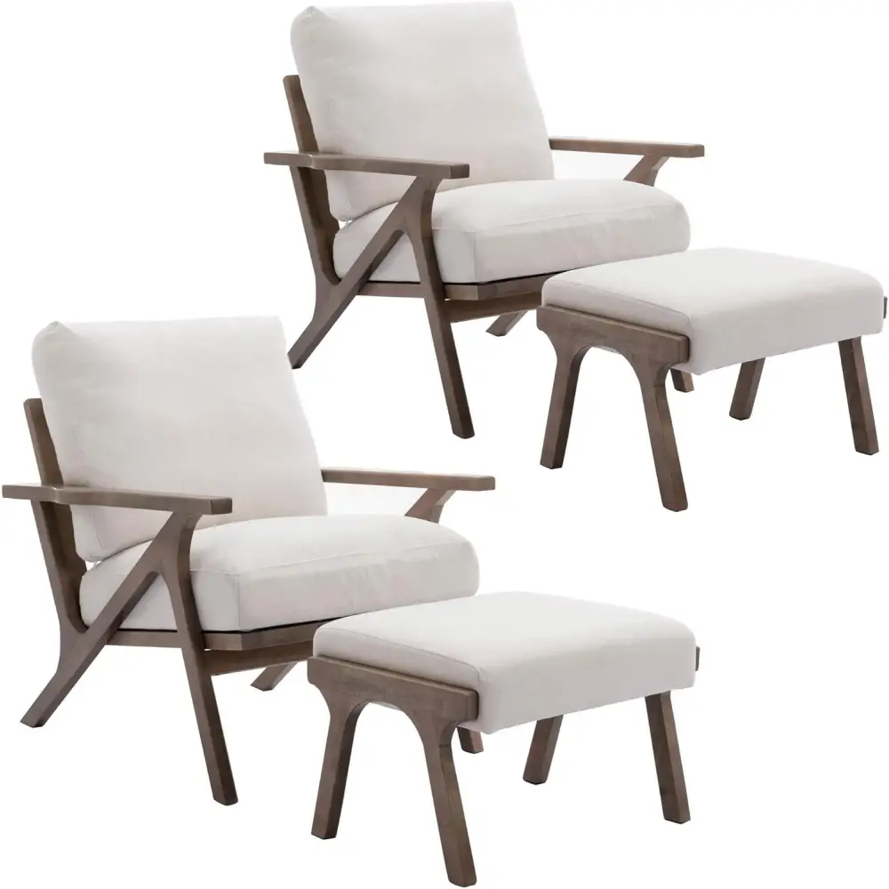 Modern Brown Leather Accent Chair with Wooden Frame and removable cushions in white upholstery