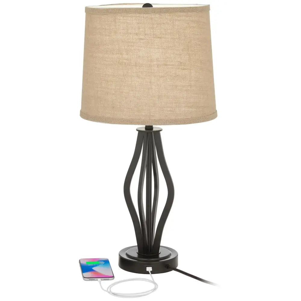 Modern Industrial Dark Iron Table Lamp with USB charging and curved beige shade