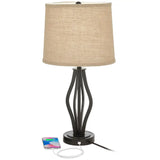 Modern Industrial Dark Iron Table Lamp with USB charging and curved beige shade