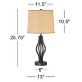 Modern Industrial Dark Iron Table Lamp with curved bars and beige fabric shade