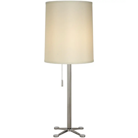 Modern Table Lamp in Polished Chrome with cream cylindrical shade and brushed metal base