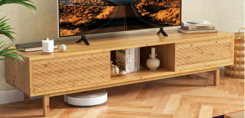 Modern wooden TV stand with textured sliding doors and open shelving compartments.