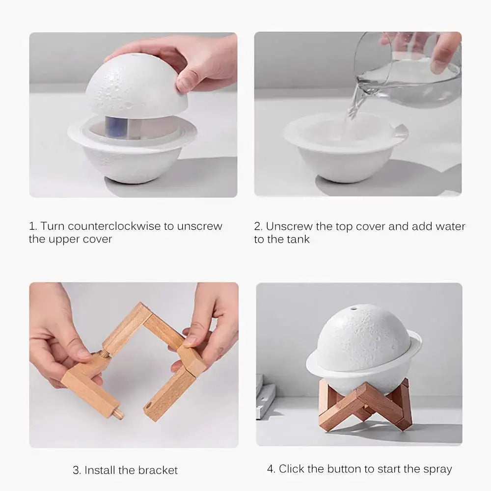 White dome-shaped Moon Lamp Humidifier on a stylish wooden stand for relaxation