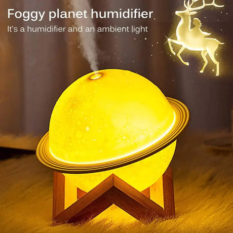 Yellow glowing Moon Lamp Humidifier on a wooden stand for aromatherapy and nightlight