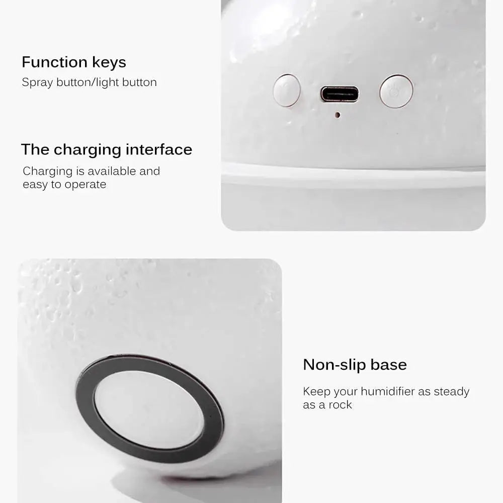 White Moon Lamp Humidifier with function buttons and non-slip base for aromatherapy