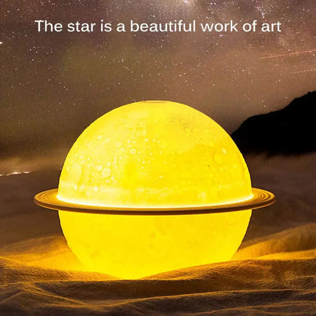 Glowing yellow spherical moon lamp humidifier with a ring-like rim center design