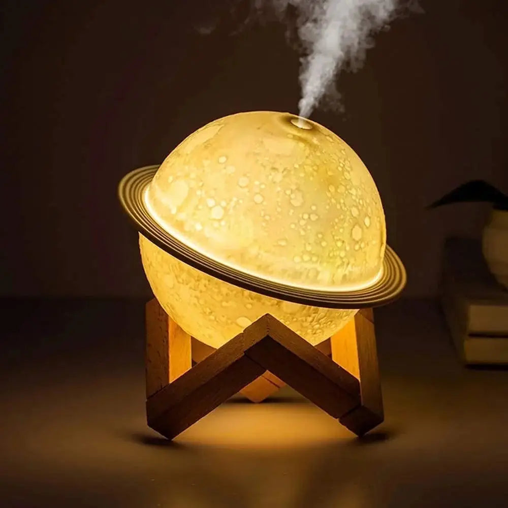 Glowing Saturn-shaped Moon Lamp Humidifier on a stylish wooden stand for relaxation