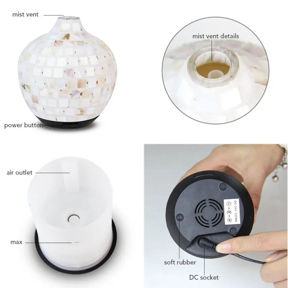 White spherical aroma diffuser with mosaic design and mist vent for a calming ambiance