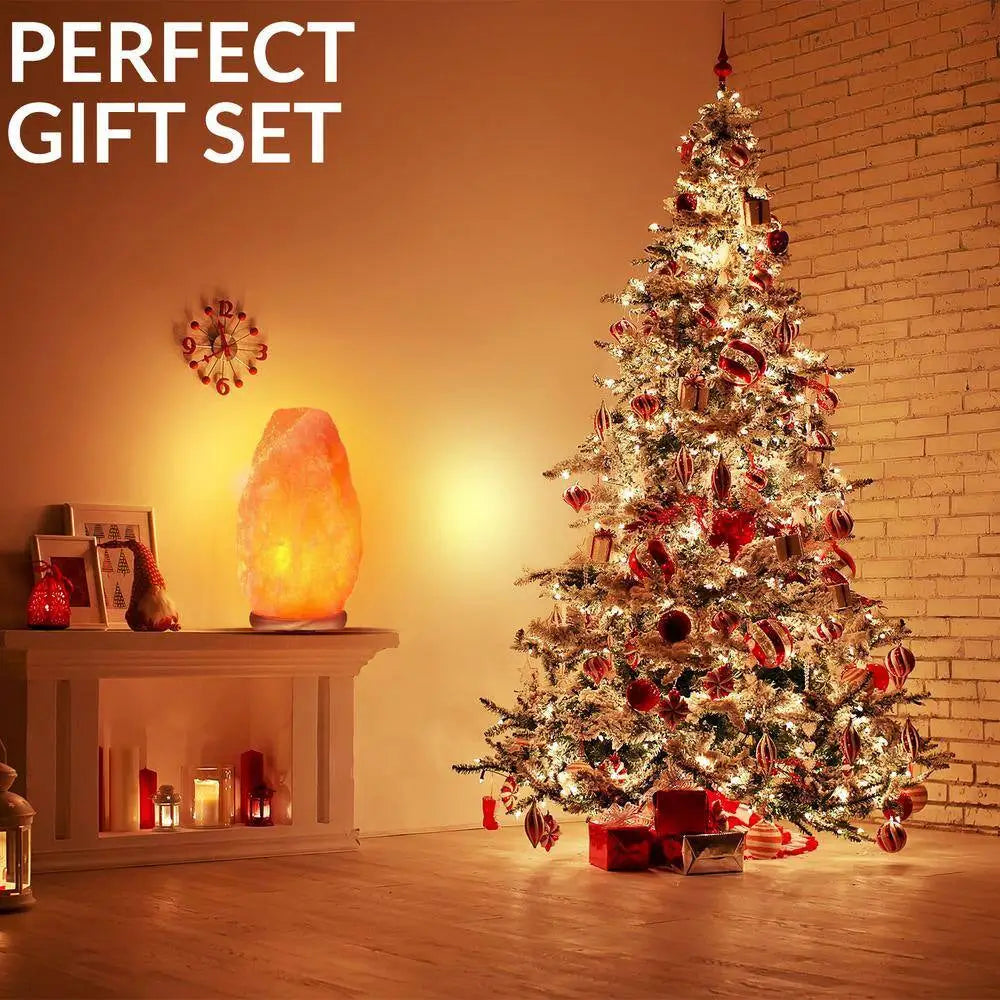 Decorated Christmas tree with lights, ornaments, and Natural Ionic Crystal Salt Lamp