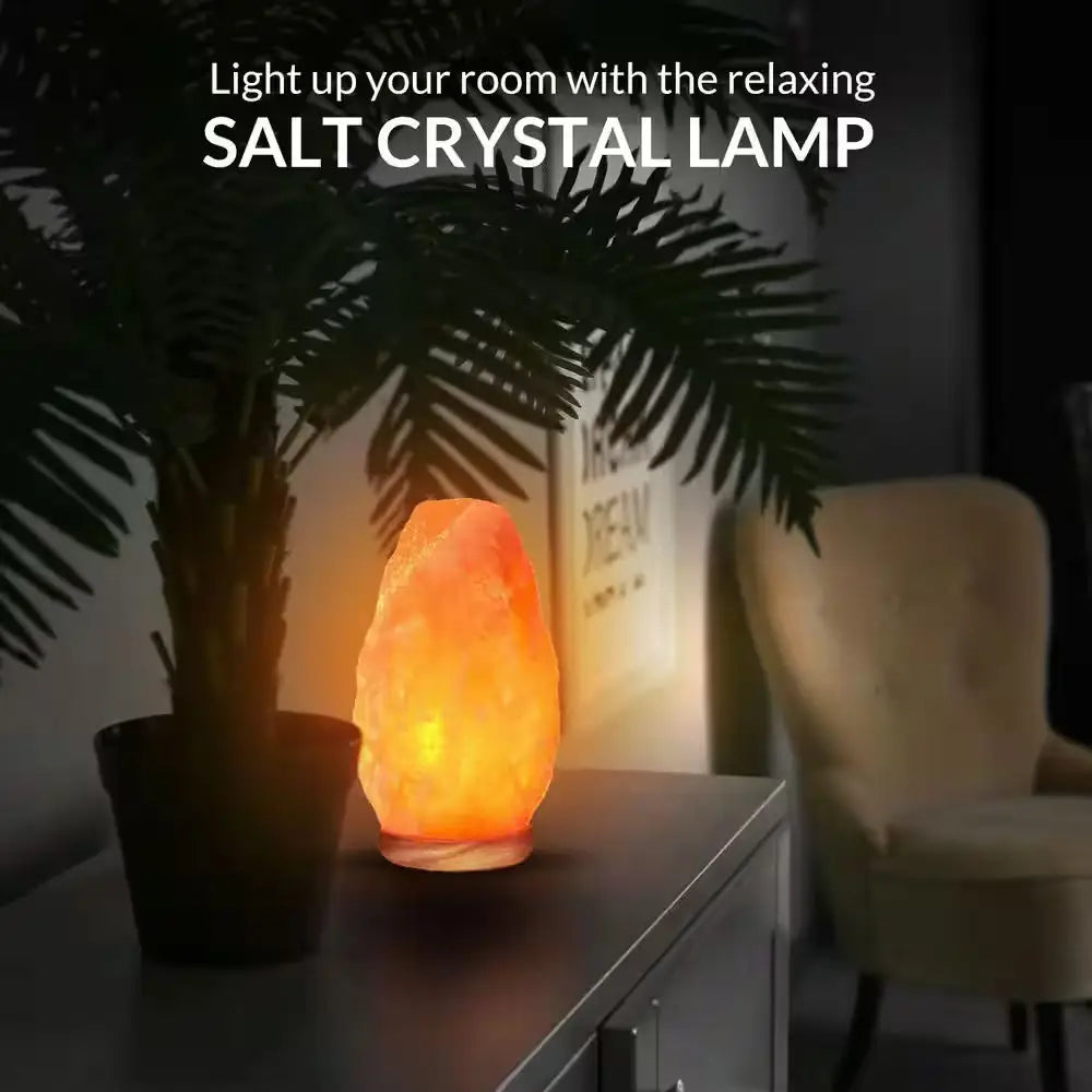 Glowing orange Himalayan Crystal Salt Lamp emits warm light for natural ambiance