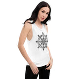 White muscle tank with low cut armholes featuring a black ship’s wheel design