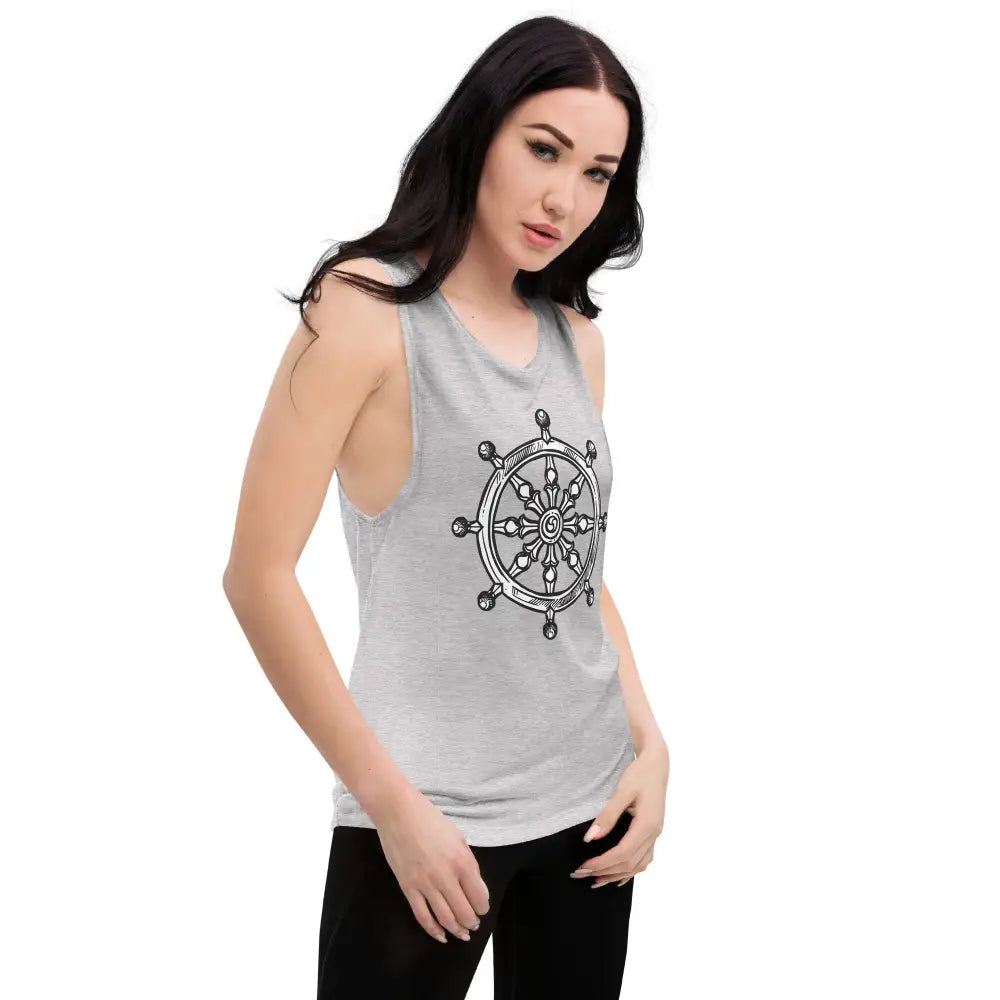 Gray sleeveless muscle tank with black ship’s wheel design and low cut armholes