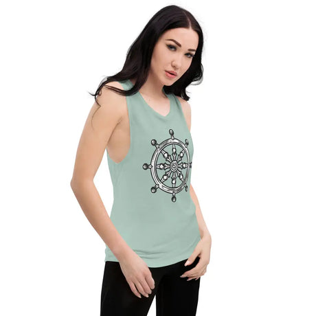 Mint green muscle tank with black ship’s wheel design and low cut armholes