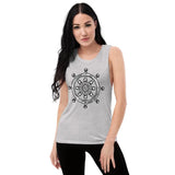 Gray muscle tank with black Dharma wheel design and low cut armholes