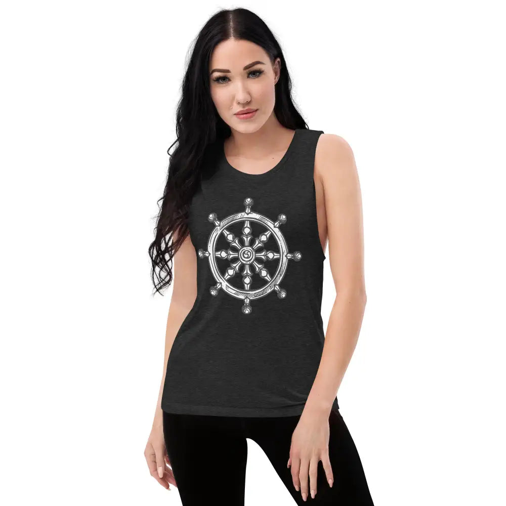 Black sleeveless muscle tank with white ship’s wheel design and low cut armholes