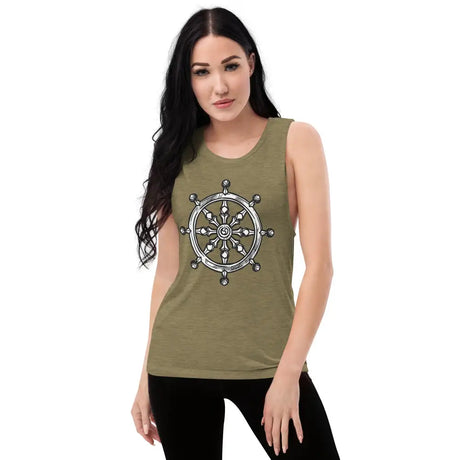 Olive green muscle tank with low cut armholes and black and white ship’s wheel design