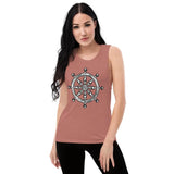 Sleeveless mauve muscle tank with black and white Dharma wheel design, low cut armholes