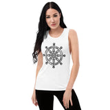 White muscle tank with black Dharma wheel design and low cut armholes