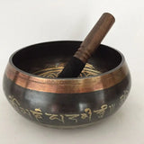 Tibetan Singing Bowl with Wooden Striker and Decorative Sanskrit Inscriptions