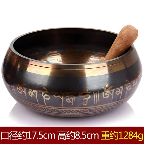 Tibetan Singing Bowl with Wooden Striker and Sanskrit Inscriptions, Hand-Hammered in Himalayas