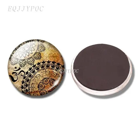 Decorative round magnet featuring ornate mandala pattern in sepia for boho refrigerator