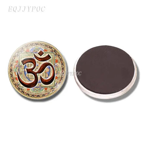 Decorative Om Symbol Boho Refrigerator Magnet in brown and gold with ornate border