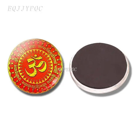 Circular red and gold Om Symbol Boho Refrigerator Magnet with mandala patterns