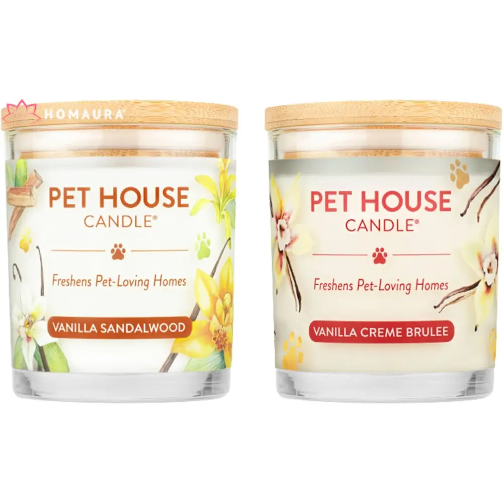 Pet House Eco-Friendly Soy Candles in Vanilla Sandalwood and Creme Brulee for odor eliminators