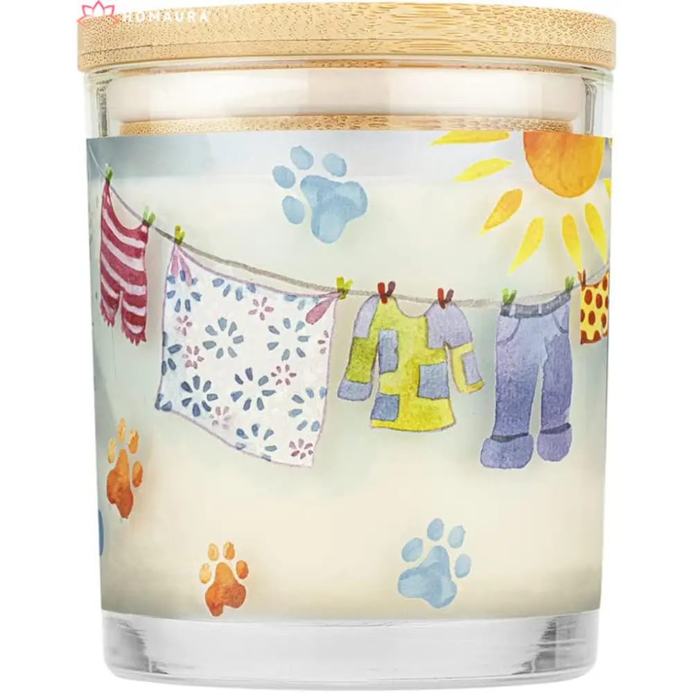 Whimsical glass candle holder with colorful paw prints for eco-friendly soy candles