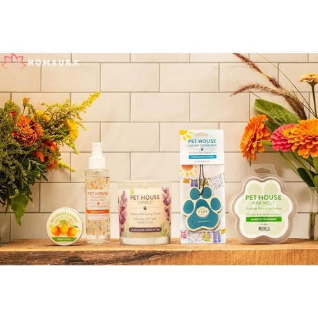 Pet care products and Eco-Friendly Soy Candles for odor control on a wooden shelf