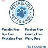 Blue circular logo with paw print design for eco-friendly soy candles and pet odor eliminators