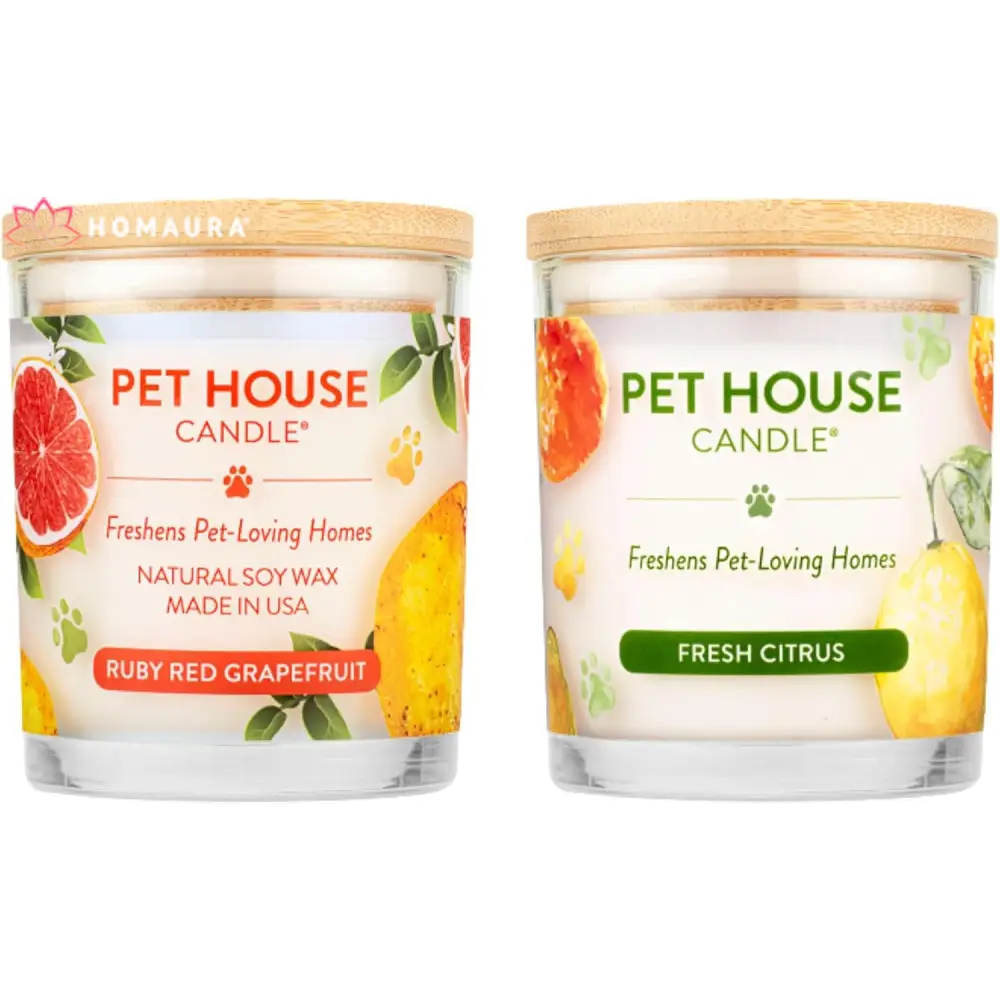 Pet House eco-friendly soy candles in Ruby Red Grapefruit and Fresh Citrus for odor control