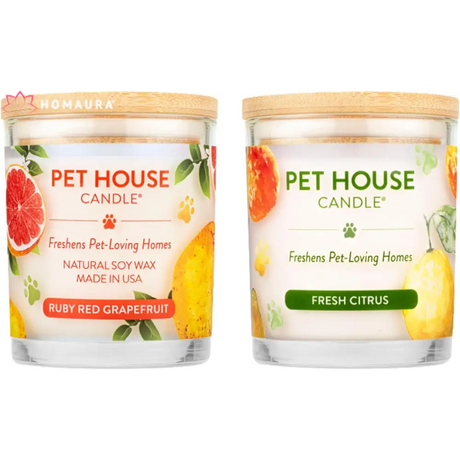 Pet House eco-friendly soy candles in Ruby Red Grapefruit and Fresh Citrus for odor control