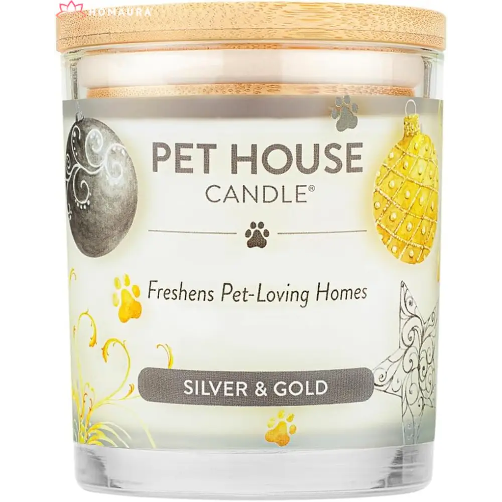 Pet House Silver & Gold scented eco-friendly soy candle as a pet odor eliminator