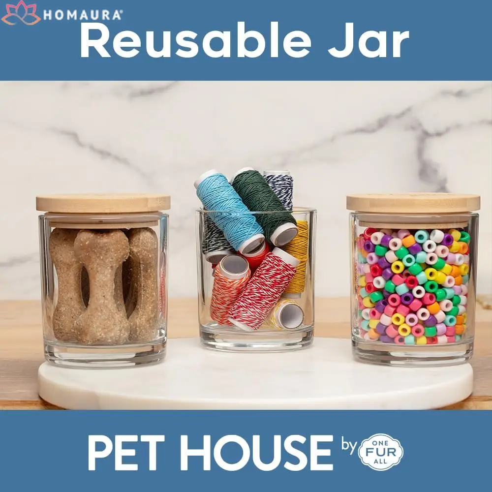 Three glass jars with wooden lids holding dog treats, thread, and beads near Eco-Friendly Soy Candles