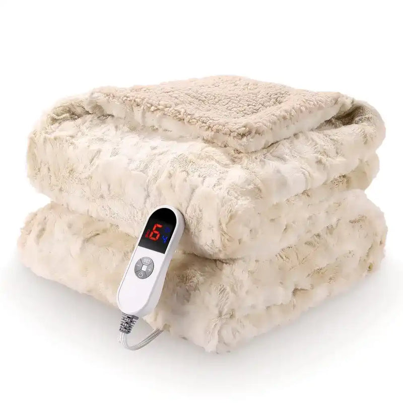 Cream-colored soft faux fur heated throw blanket with digital controller and timer