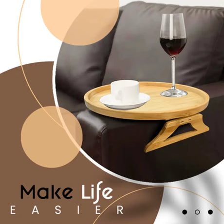 Wooden clip-on sofa arm tray made of portable round pine with wine glass and coffee cup