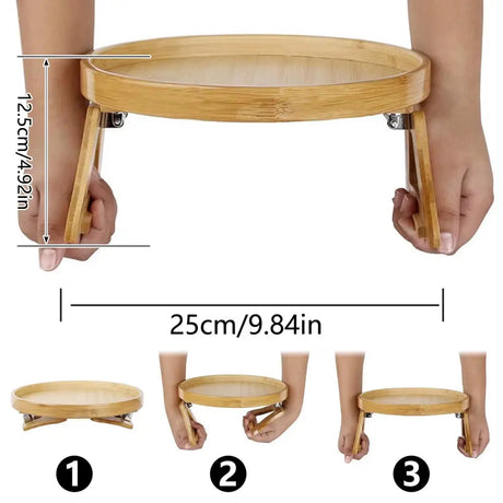 Circular bamboo serving tray with folding legs for Portable Round Pine Wood Sofa Tray