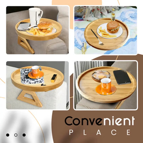 Wooden circular Portable Round Pine Wood Sofa Tray with folding legs for drinks