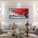 Black and white canvas wall art with red maple tree and moonlit sky design