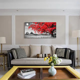 Black and white landscape canvas wall art with a vibrant red tree canopy