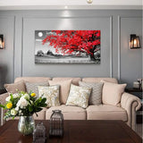 Black and white landscape canvas wall art with a striking red tree centerpiece