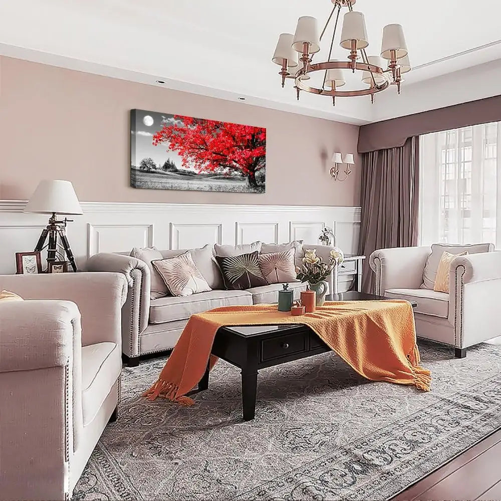 Elegant living room featuring Red Moon Tree canvas wall art and plush grey sofas