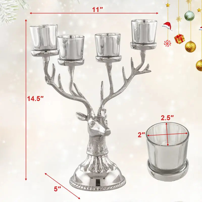 Silver reindeer candle holder with antlers and four glass votives for Christmas decor