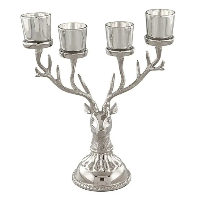 Silver Reindeer Candle Holder with four glass votive holders mounted on antlers