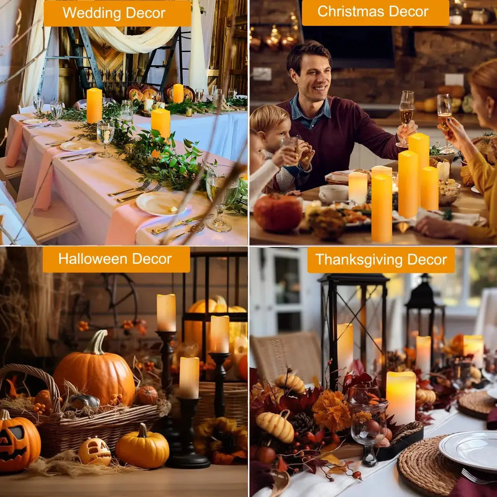 Collage of seasonal table decorations with flameless pillar candles and natural elements