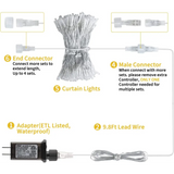 Diagram of waterproof curtain string lights with labeled connectors and power adapter